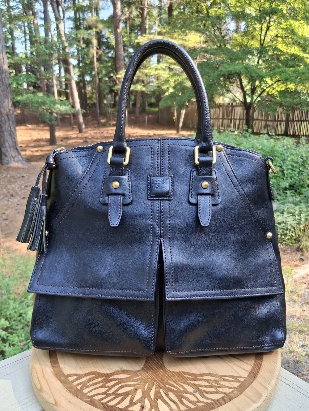 Dooney & Bourke Black Florentine Vacchetta Leather Clayton Satchel